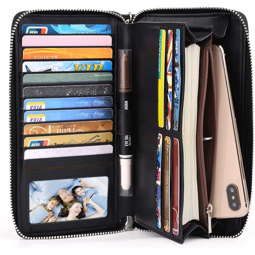 Women Wallet Large Leather Zip Around Card Holder Checkbook Passport Organizer Ladies Travel Clutch with Wristlet