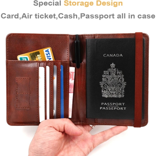 Étui à porte-passeport avec blocage RFID, porte-passeport de voyage fabriqué en cuir de polyuréthane brun pour carte du monde