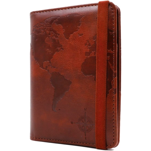 Étui à porte-passeport avec blocage RFID, porte-passeport de voyage fabriqué en cuir de polyuréthane brun pour carte du monde