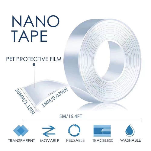 5m/16.4ft Nano Double Sided Tape Heavy Duty,Transparent Reusable Nano Adhesive Tape Washable and Reusable Traceless
