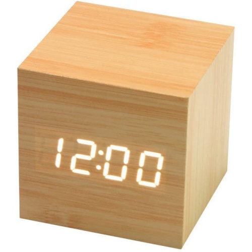 Wooden Digital Cube Alarm Clock Touch Sound Activated Desk Clock Portable Travel Clock with LCD Display