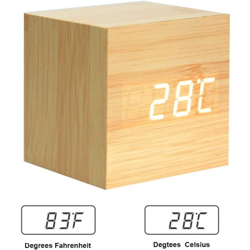 Wooden Digital Cube Alarm Clock Touch Sound Activated Desk Clock Portable Travel Clock with LCD Display