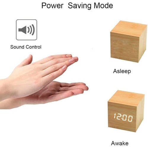 Wooden Digital Cube Alarm Clock Touch Sound Activated Desk Clock Portable Travel Clock with LCD Display