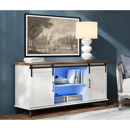 WAMPAT Farmhouse LED TV Stand for TVs Up to 65" with Furniture Safety Straps,Sliding Barn Door Entertainment Center Cabinet Table with Storage&