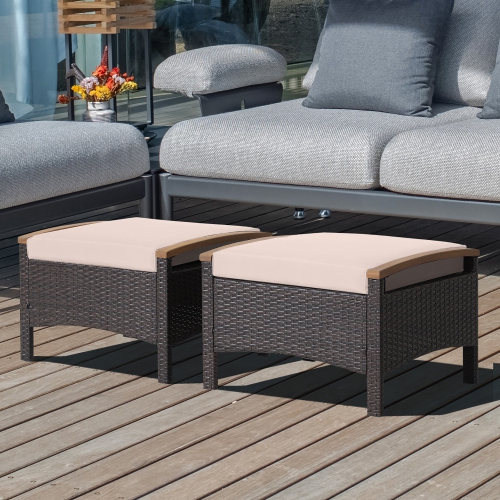 Costway Set of 2 Patio Rattan Ottoman Footrest Cushions Wooden Handle Off White\Brown\Red\Navy