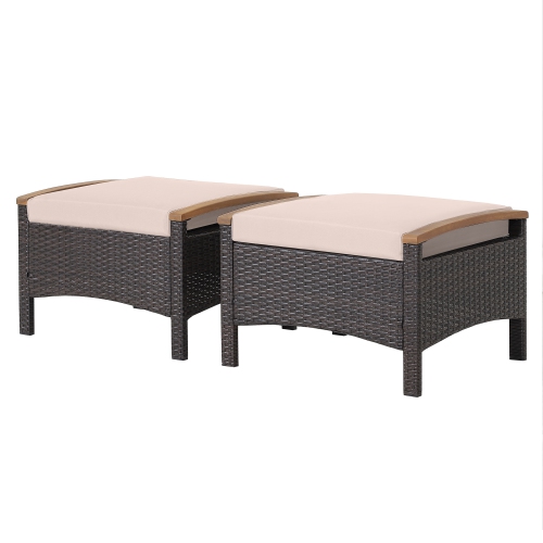 Costway Set of 2 Patio Rattan Ottoman Footrest Cushions Wooden Handle Off White\Brown\Red\Navy