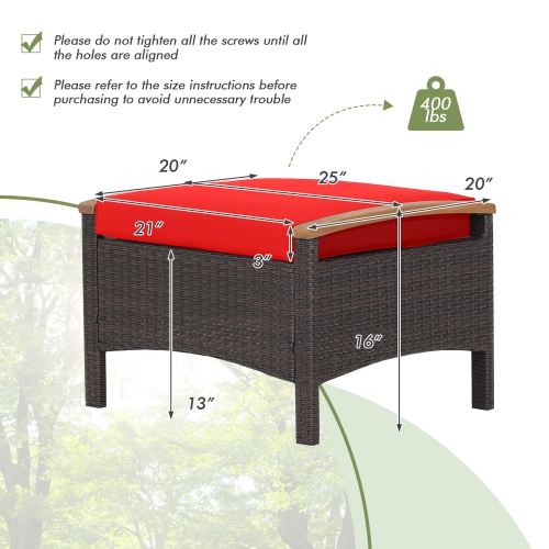 Costway Set of 2 Patio Rattan Ottoman Footrest Cushions Wooden Handle Off White\Brown\Red\Navy