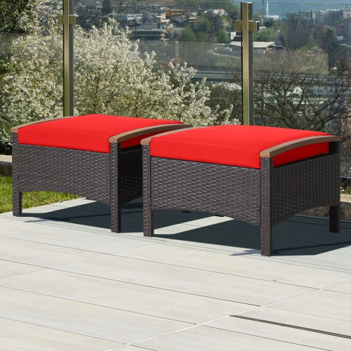 Costway Set of 2 Patio Rattan Ottoman Footrest Cushions Wooden Handle Off White\Brown\Red\Navy