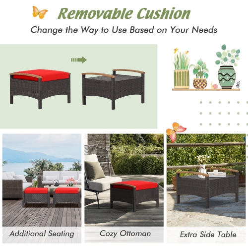 Costway Set of 2 Patio Rattan Ottoman Footrest Cushions Wooden Handle Off White\Brown\Red\Navy