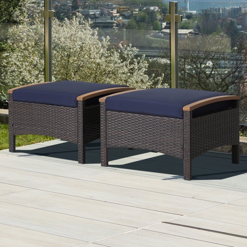 Costway Set of 2 Patio Rattan Ottoman Footrest Cushions Wooden Handle Off White\Brown\Red\Navy