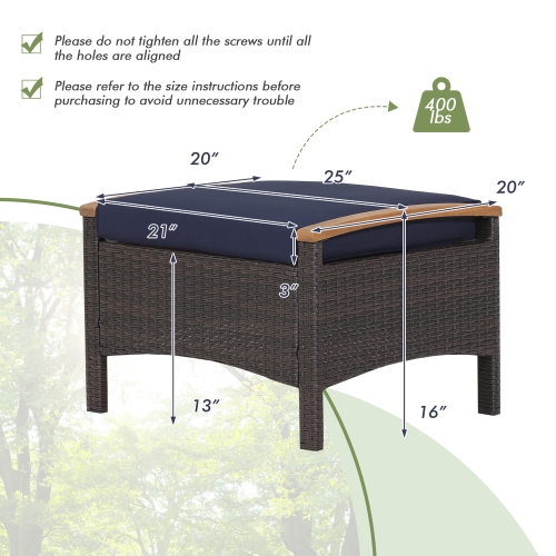 Costway Set of 2 Patio Rattan Ottoman Footrest Cushions Wooden Handle Off White\Brown\Red\Navy