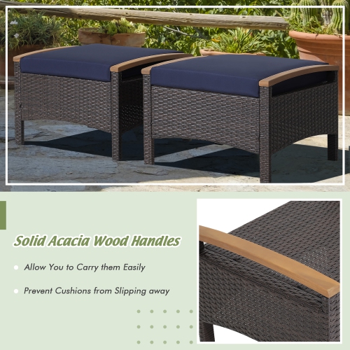 Costway Set of 2 Patio Rattan Ottoman Footrest Cushions Wooden Handle Off White\Brown\Red\Navy