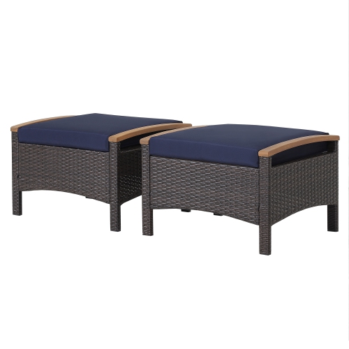 Costway Set of 2 Patio Rattan Ottoman Footrest Cushions Wooden Handle Off White\Brown\Red\Navy