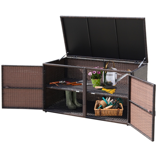 Costway 88 Gallon Garden Patio Rattan Storage Container Box Bin Shelf Brown