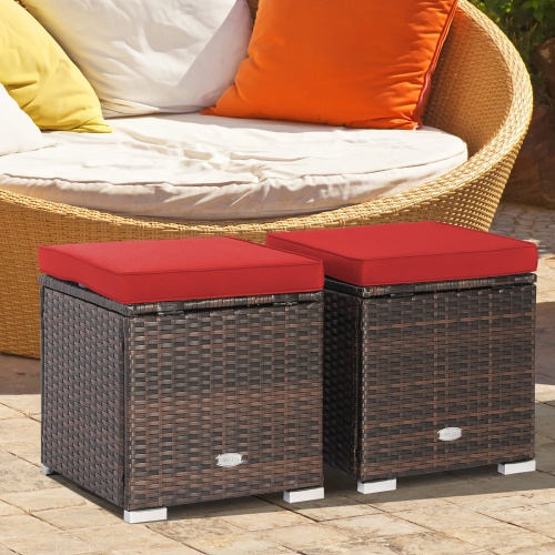 Costway 2PCS Patio Rattan Ottomans Seat Side Table Storage Box Footstool with Cushions