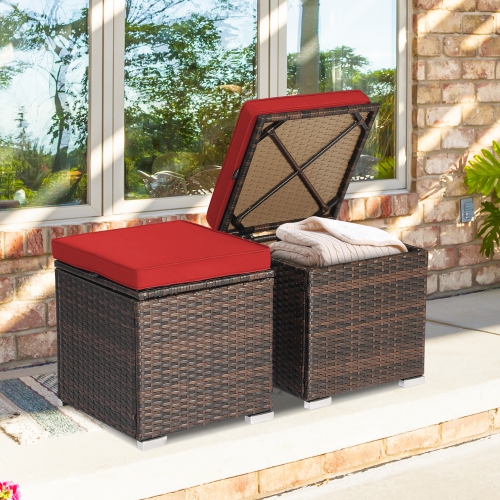 Costway 2PCS Patio Rattan Ottomans Seat Side Table Storage Box Footstool with Cushions