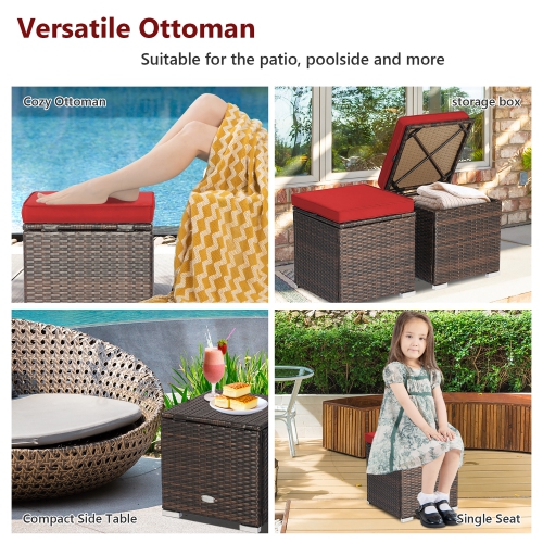 Costway 2PCS Patio Rattan Ottomans Seat Side Table Storage Box Footstool with Cushions