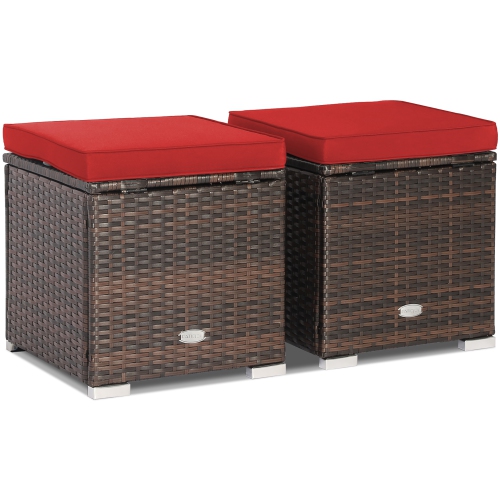 Costway 2PCS Patio Rattan Ottomans Seat Side Table Storage Box Footstool with Cushions