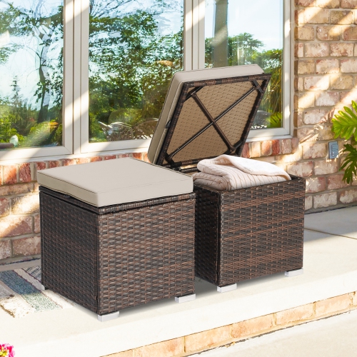 Costway 2PCS Patio Rattan Ottomans Seat Side Table Storage Box Footstool with Cushions