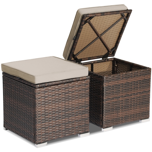 Costway 2PCS Patio Rattan Ottomans Seat Side Table Storage Box Footstool with Cushions