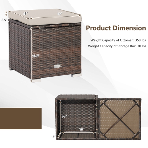 Costway 2PCS Patio Rattan Ottomans Seat Side Table Storage Box Footstool with Cushions