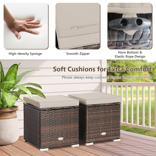 Costway 2PCS Patio Rattan Ottomans Seat Side Table Storage Box Footstool with Cushions