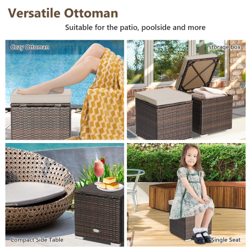 Costway 2PCS Patio Rattan Ottomans Seat Side Table Storage Box Footstool with Cushions