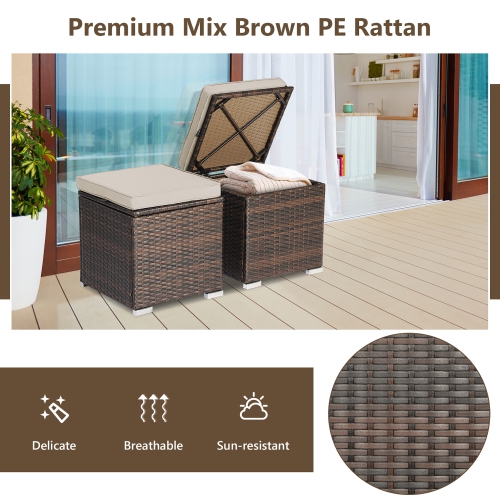 Costway 2PCS Patio Rattan Ottomans Seat Side Table Storage Box Footstool with Cushions
