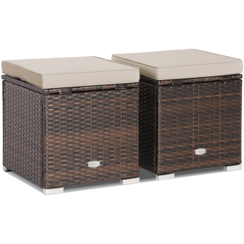 Costway 2PCS Patio Rattan Ottomans Seat Side Table Storage Box Footstool with Cushions
