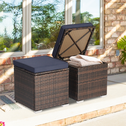 Costway 2PCS Patio Rattan Ottomans Seat Side Table Storage Box Footstool with Cushions