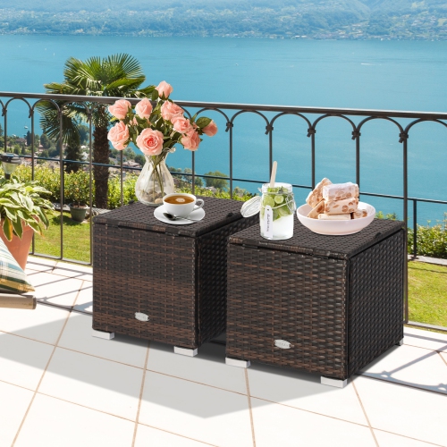 Costway 2PCS Patio Rattan Ottomans Seat Side Table Storage Box Footstool with Cushions