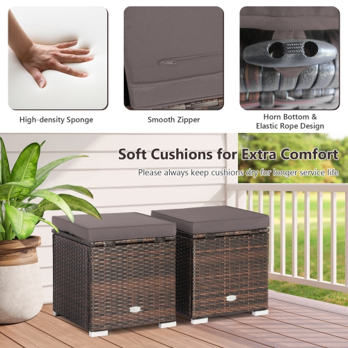 Costway 2PCS Patio Rattan Ottomans Seat Side Table Storage Box Footstool with Cushions