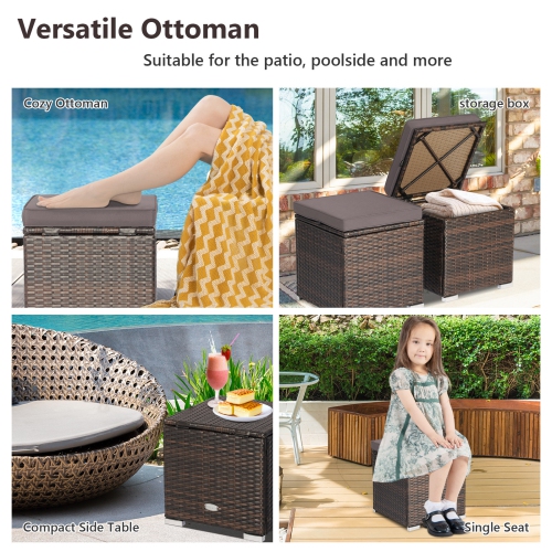 Costway 2PCS Patio Rattan Ottomans Seat Side Table Storage Box Footstool with Cushions