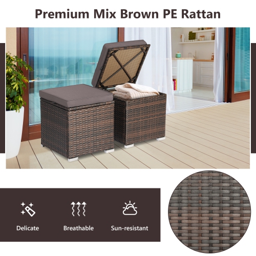 Costway 2PCS Patio Rattan Ottomans Seat Side Table Storage Box Footstool with Cushions