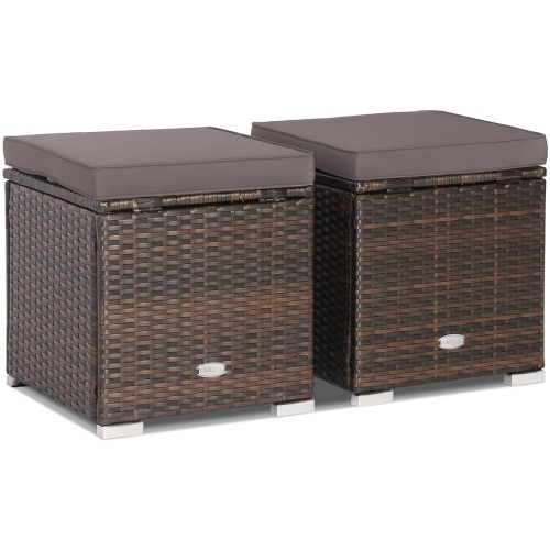 Costway 2PCS Patio Rattan Ottomans Seat Side Table Storage Box Footstool with Cushions