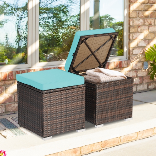 Costway 2PCS Patio Rattan Ottomans Seat Side Table Storage Box Footstool with Cushions