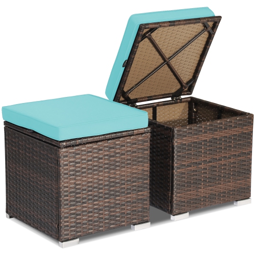 Costway 2PCS Patio Rattan Ottomans Seat Side Table Storage Box Footstool with Cushions