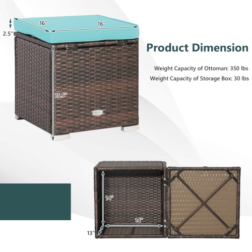 Costway 2PCS Patio Rattan Ottomans Seat Side Table Storage Box Footstool with Cushions