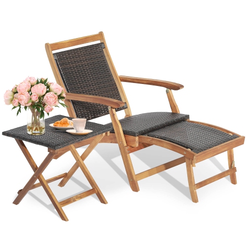 Costway 2PCS Patio Rattan Folding Lounge Chair Table Acacia Wood W/Retractable Footrest