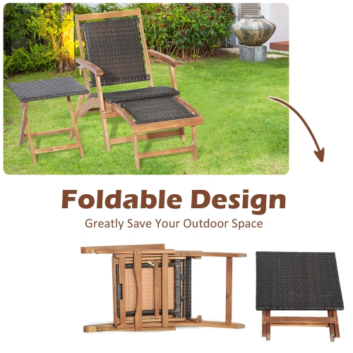 Costway 2PCS Patio Rattan Folding Lounge Chair Table Acacia Wood W/Retractable Footrest