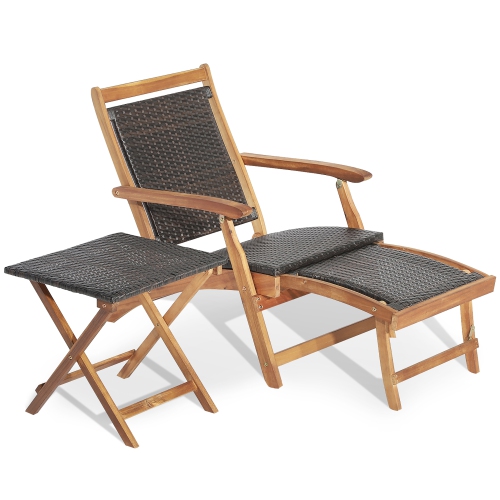 Costway 2PCS Patio Rattan Folding Lounge Chair Table Acacia Wood W/Retractable Footrest