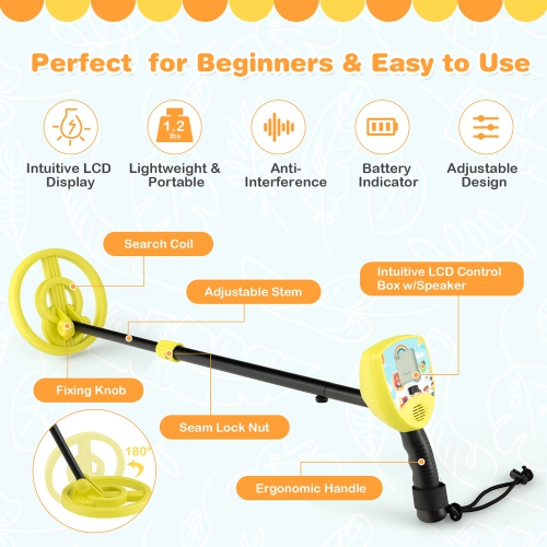 Gymax Metal Detector for Kids Waterproof Kids Metal Detector w/ Waterproof Search Coil