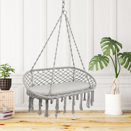 Chaise hamac suspendue pour 2 personnes Gymax, avec balançoire en macramé et coussin, Capacité de 150 kg, Gris