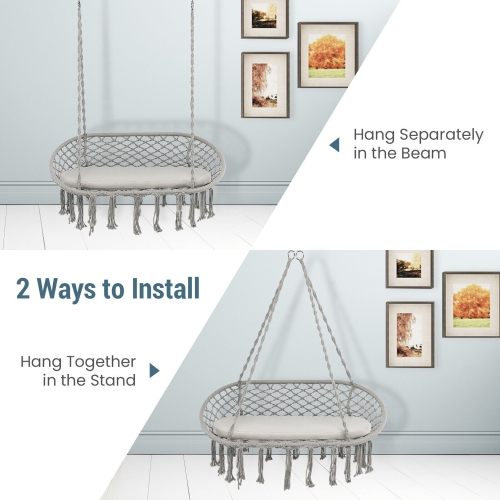 Chaise hamac suspendue pour 2 personnes Gymax, avec balançoire en macramé et coussin, Capacité de 150 kg, Gris