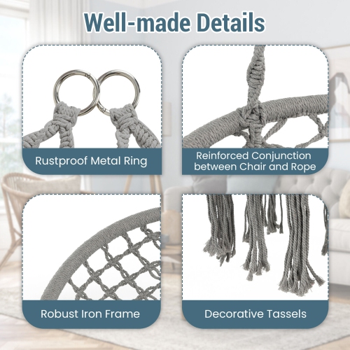 Chaise hamac suspendue pour 2 personnes Gymax, avec balançoire en macramé et coussin, Capacité de 150 kg, Gris