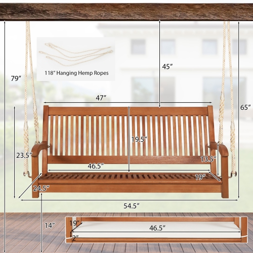 Gymax 2-Seat Patio Hanging Wooden Porch Swing Bench w/ Cushion & Hanging Ropes