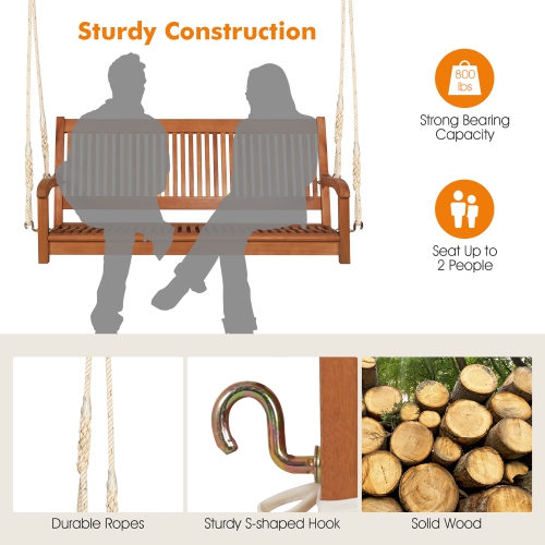 Gymax 2-Seat Patio Hanging Wooden Porch Swing Bench w/ Cushion & Hanging Ropes
