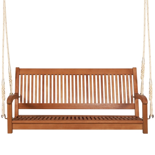 Gymax 2-Seat Patio Hanging Wooden Porch Swing Bench w/ Cushion & Hanging Ropes