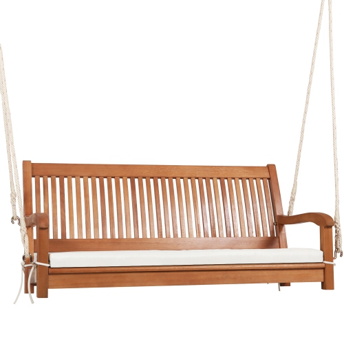 Gymax 2-Seat Patio Hanging Wooden Porch Swing Bench w/ Cushion & Hanging Ropes
