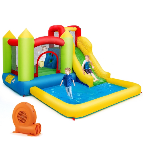 Gymax Inflatable Bounce House Water Slide Bouncer Pool w/ Climbing Wall & 550W Blower